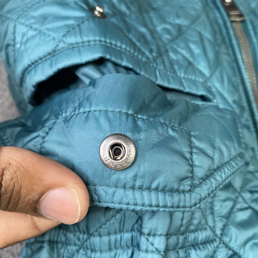 Burberry Brit Jacket Womens Small Teal Quilted Hooded Nylon Full Zip Plaid Lined - Picture 3 of 16